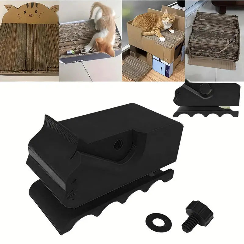A set of tools including a cardboard strip cutter, a black cutting mat, and a rubber-tipped cutter for DIY projects.