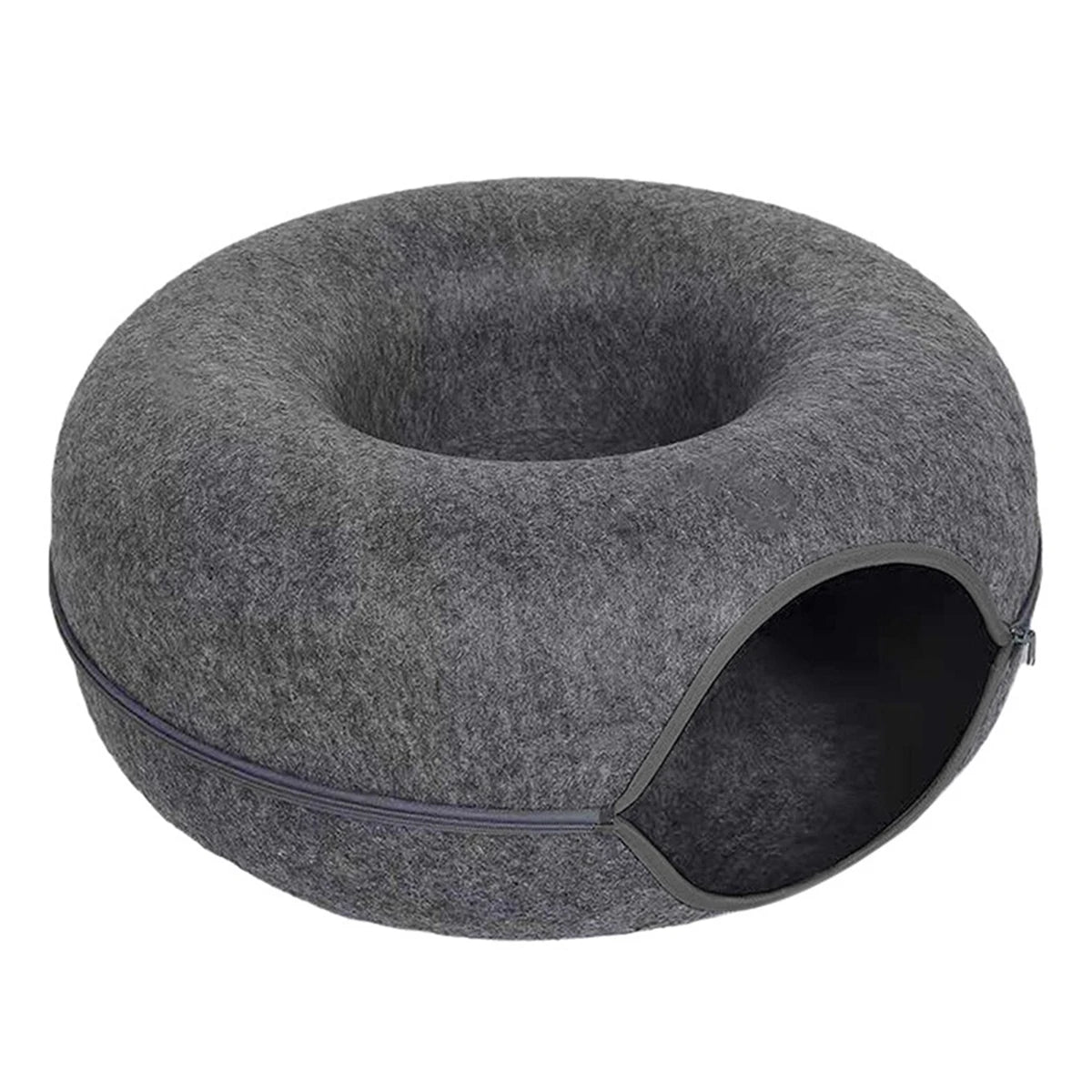 A round, gray felt cat bed and tunnel nest with a scratch surface.