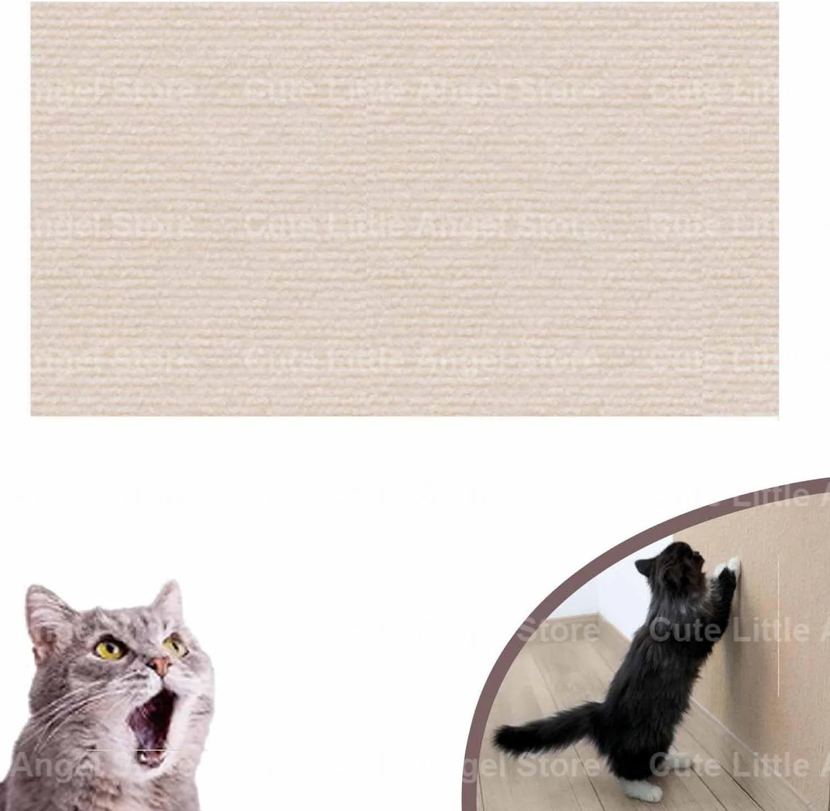Gros plan d'un chat gris regardant intensément, avec un bloc-notes à rayures de tapis beige autocollant en arrière-plan.