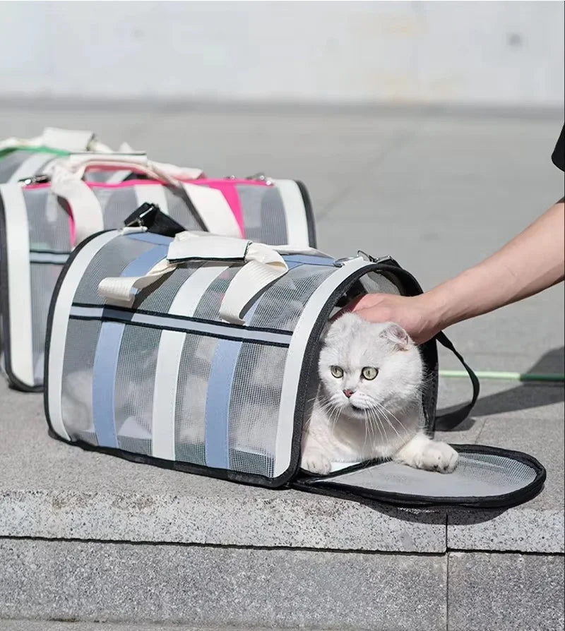 A hand is holding a gray and white striped mesh travel carrier bag for a cat on a concrete surface.