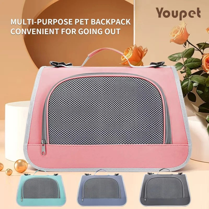 Pink multi-purpose pet backpack with a mesh carrier and various colored fabric options