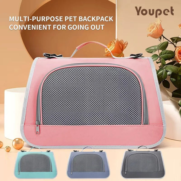 Pink multi-purpose pet backpack with a mesh carrier and various colored fabric options