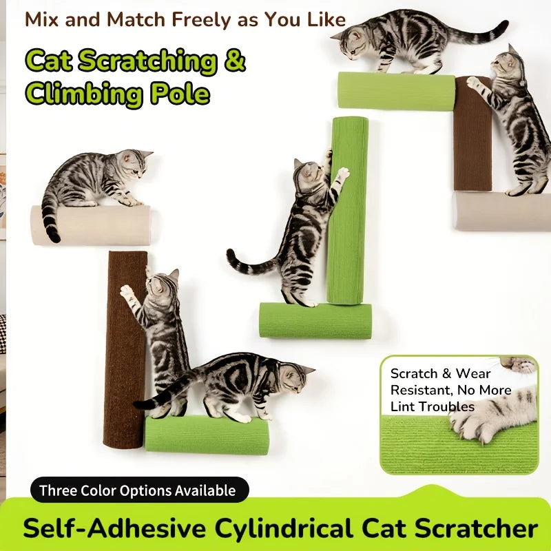 A variety of cat scratching and climbing poles in different colors, including gray, green, and brown options.