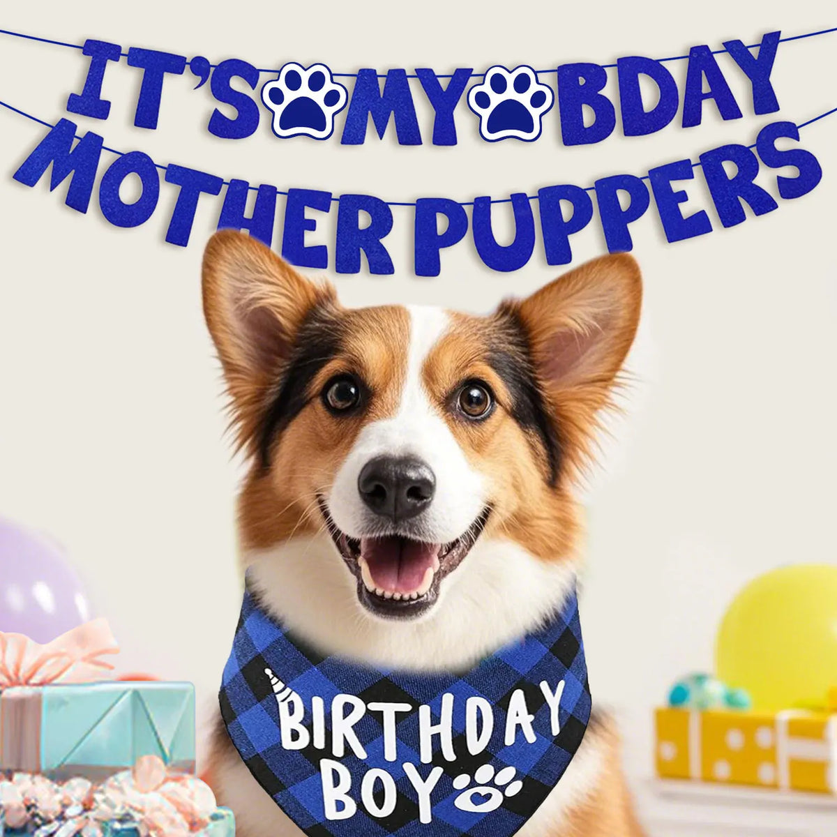 A happy dog wearing a blue birthday collar with paw prints, set against a banner reading It's My Bday Mother Puppers.