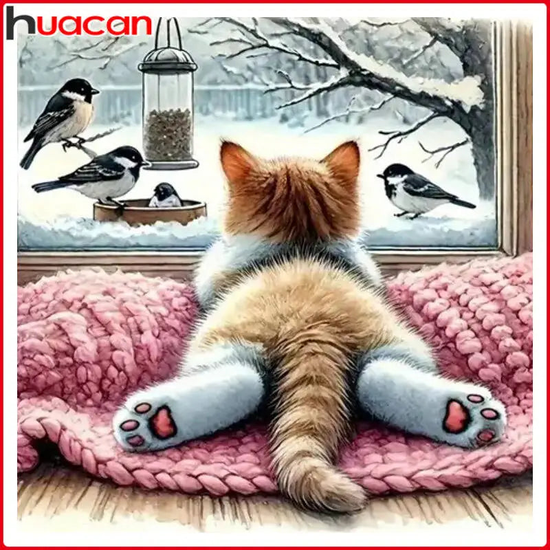 A fluffy orange cat is lying on a pink blanket with several small birds perched nearby.