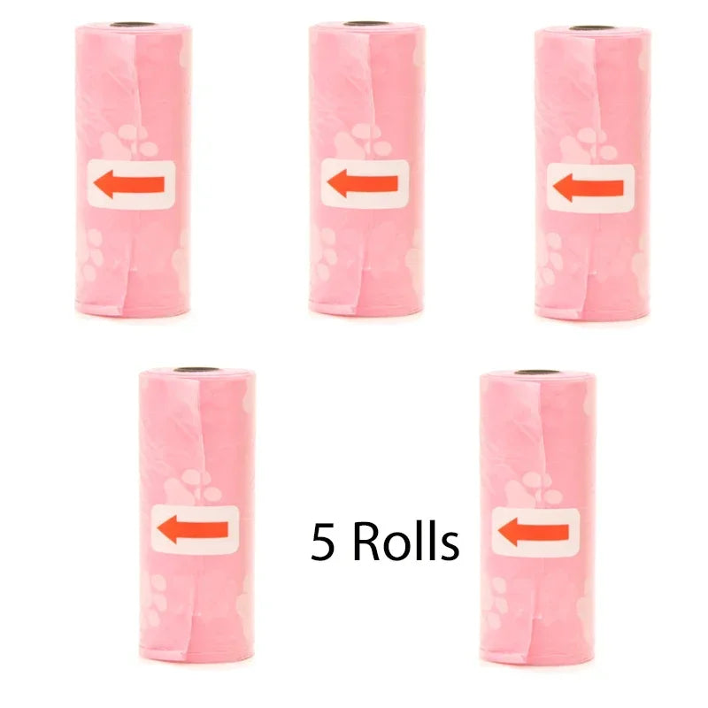 Five rolls of pink reusable pet poop bags with orange arrows indicating direction