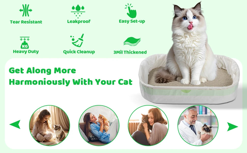 A white cat sitting in a light-colored litter box liner with a drawstring closure, surrounded by features like tear resistanc
