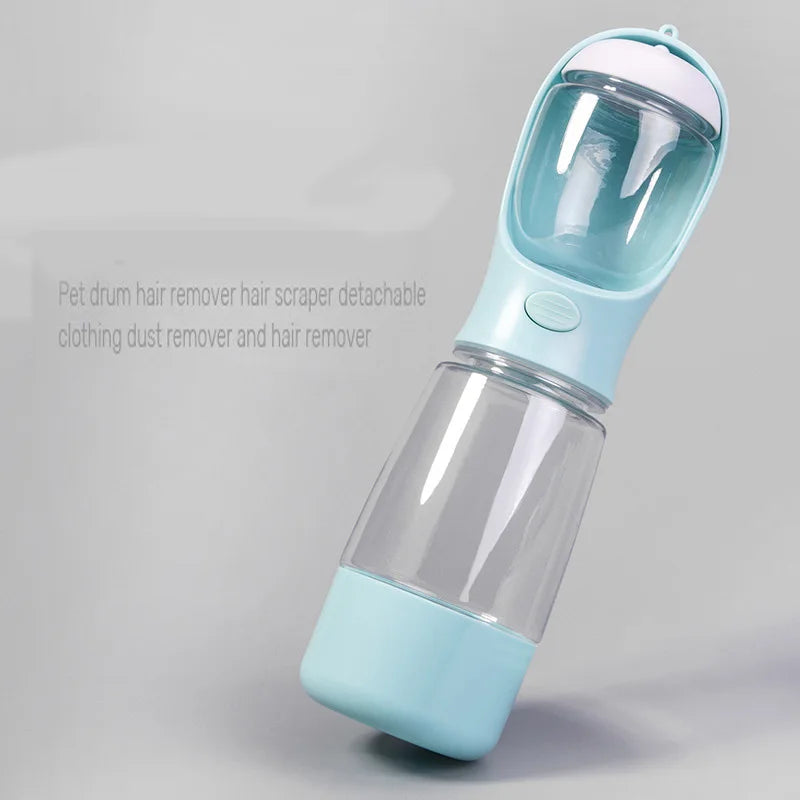 A light blue portable 3-in-1 pet water bottle with a leak-proof travel dispenser.
