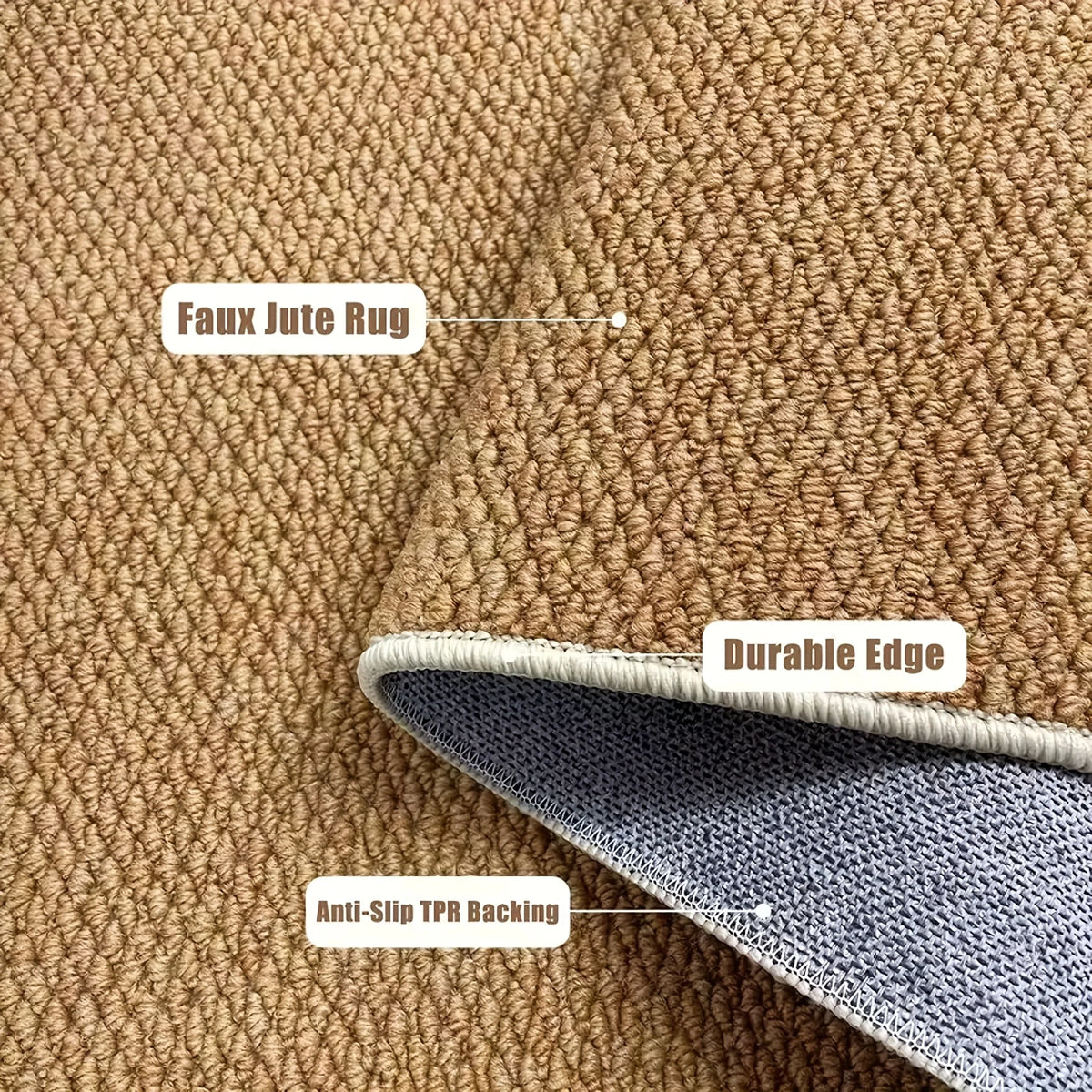 Close-up view of a brown faux jute rug with a durable edge and anti-slip TPR backing.