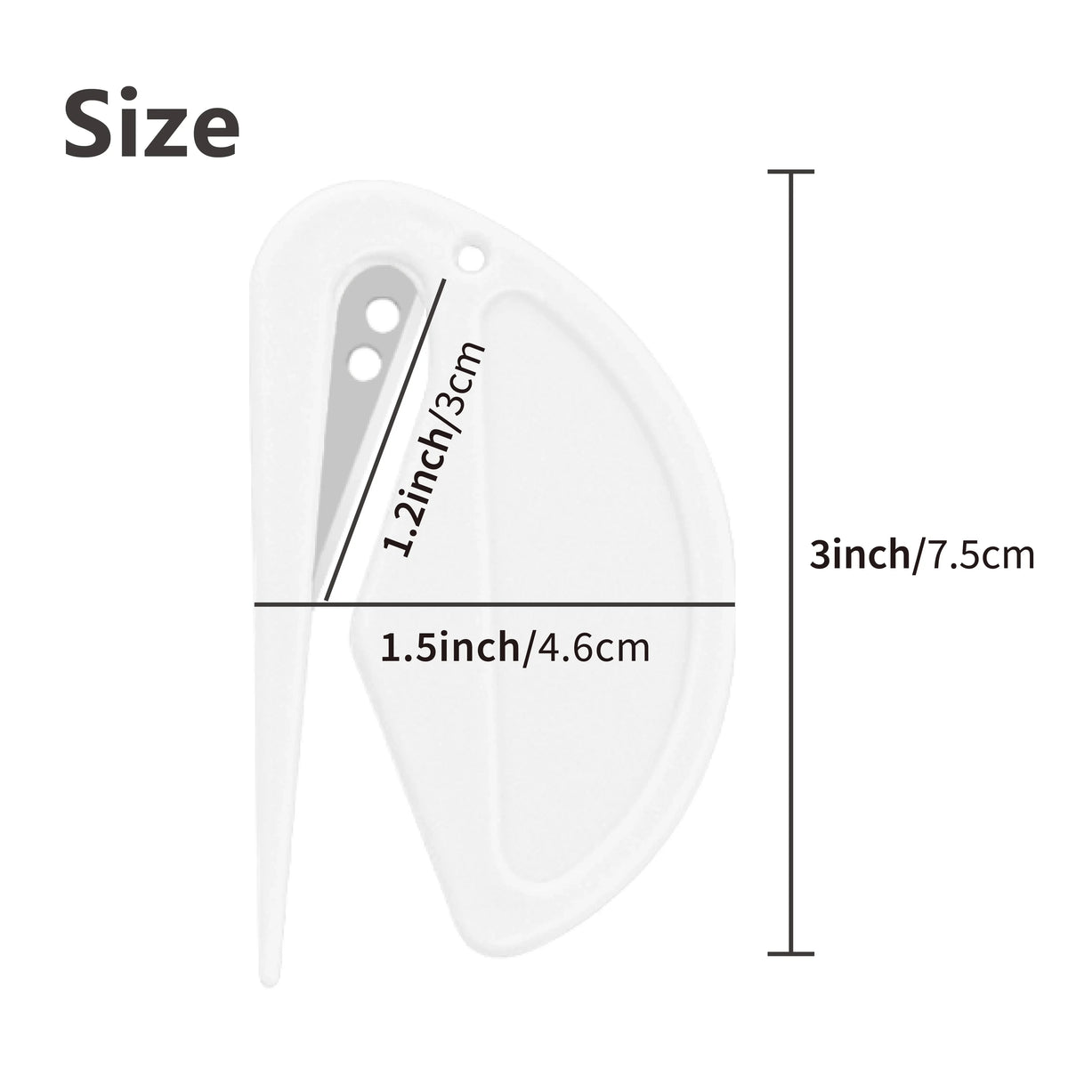 Diagram showing the size of a white pet deshedding and knot removal tool with measurements in inches and centimeters.