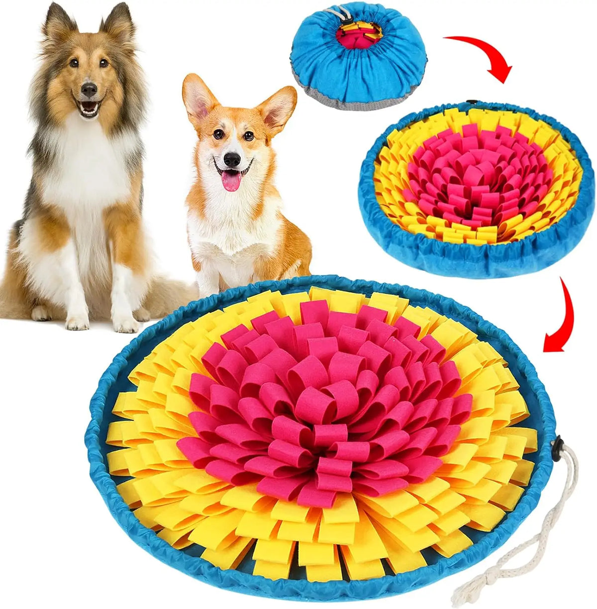 A colorful snuffle mat for dogs featuring pink and yellow fabric folds, with a dog nearby.