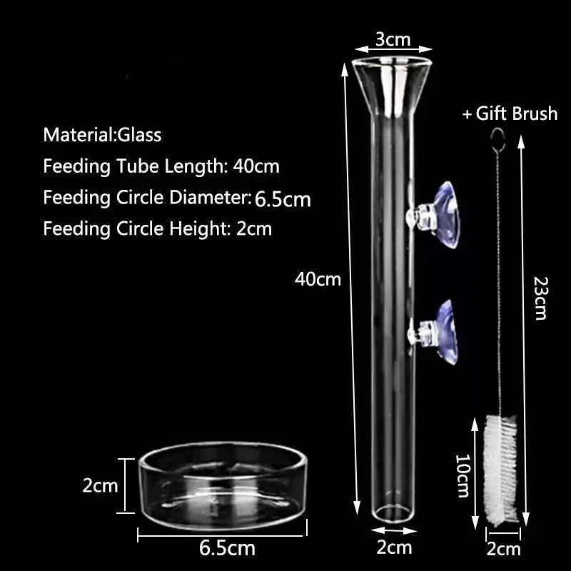 A clear glass feeding tube with a suction cup and a gift brush shown next to its dimensions.