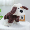 A brown and white plush fleece pet overalls for dogs and cats standing on a white surface.