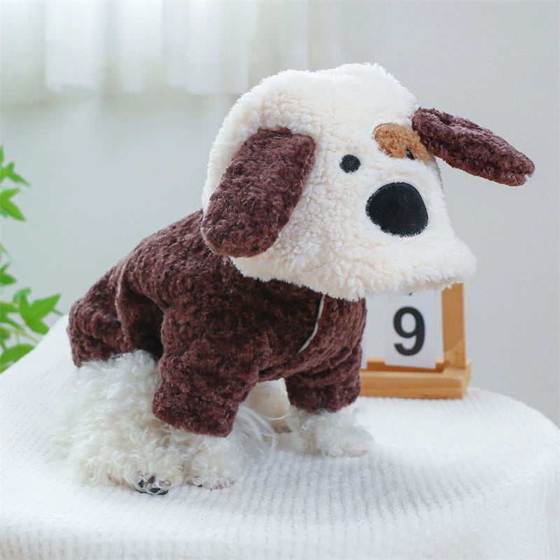 A brown and white plush fleece pet overalls for dogs and cats standing on a white surface.