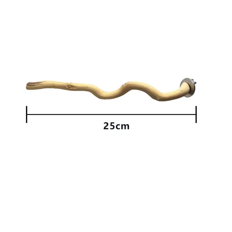 A curved natural wood bird perch and chew toy.