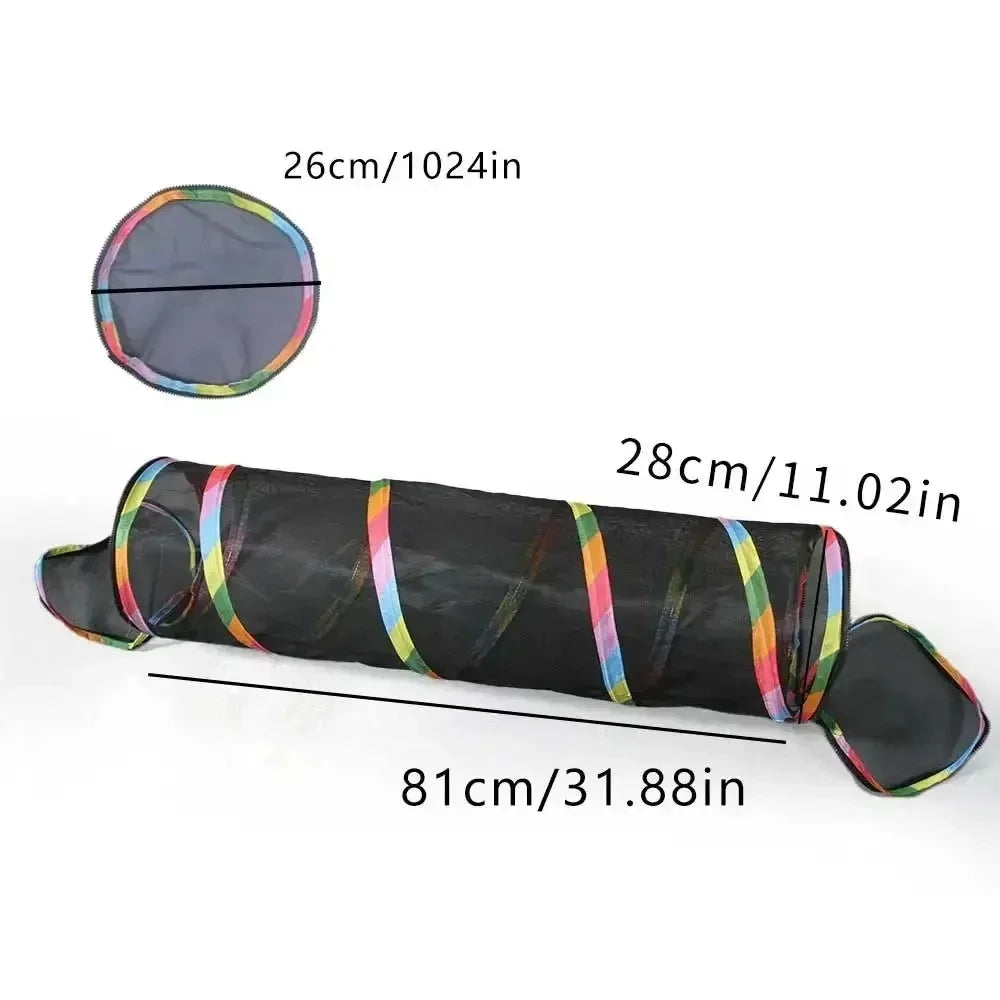 A black collapsible cat tunnel with colorful stripes and a circular mesh play area.