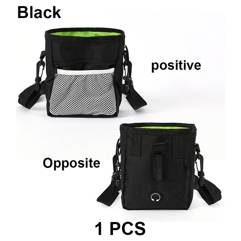 Black durable pet training treat bags shown in positive and opposite configurations