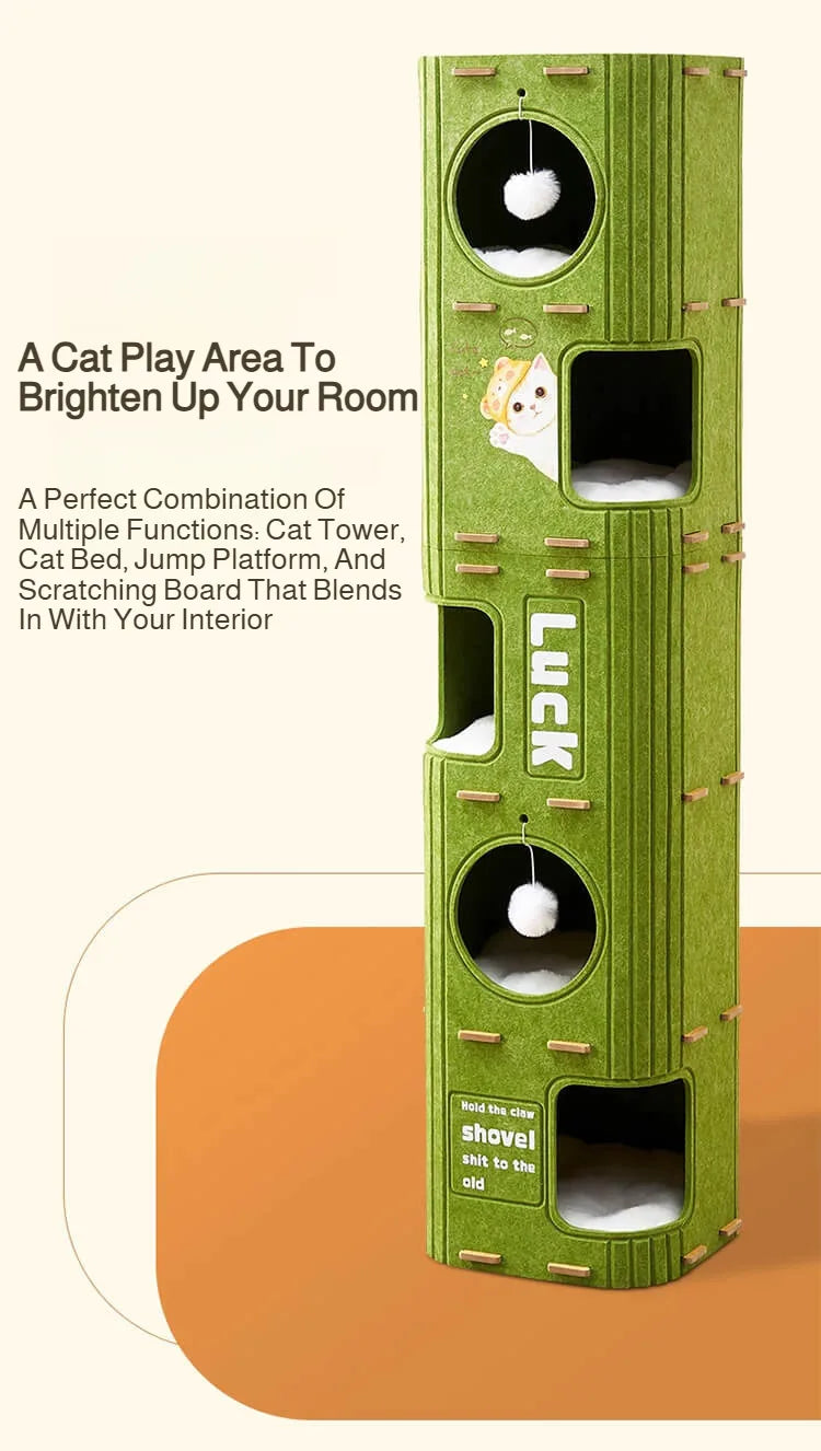 Área de juego vertical verde para gatos con torre, cama, plataforma de salto y rascador.