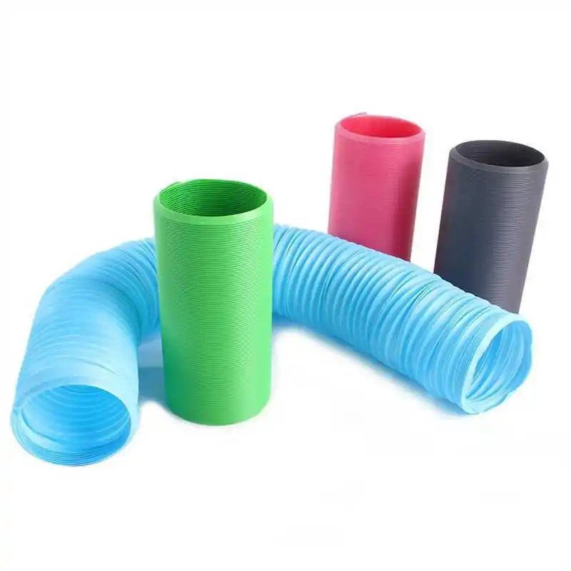 A set of four colored telescopic pet activity tunnels in pink, gray, green, and blue.