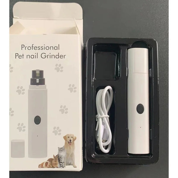 A white professional pet nail grinder is shown in its packaging, next to a coiled white cord and small pets.