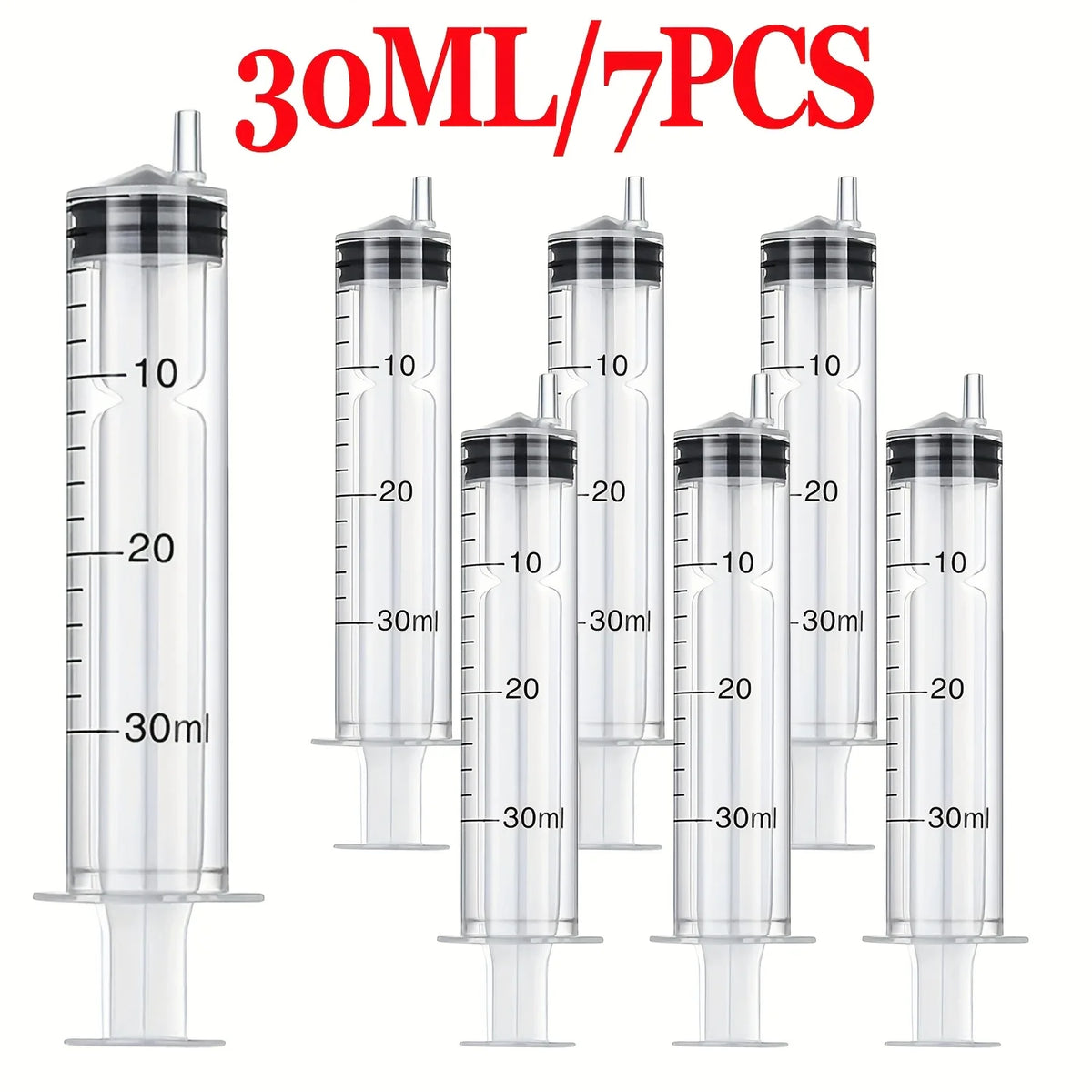A set of seven 30ml precision liquid dispensing syringes with graduated markings.
