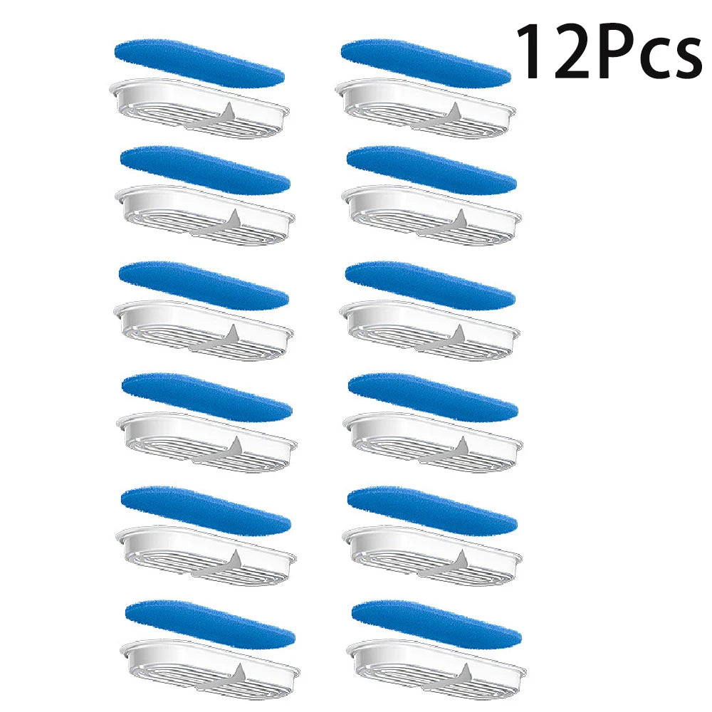 A set of twelve blue and silver activated charcoal replacement filters for cat water fountains.