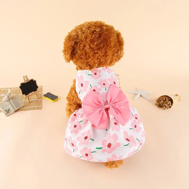 Princess-Style Summer Dog Dress with Bow for Small Breeds