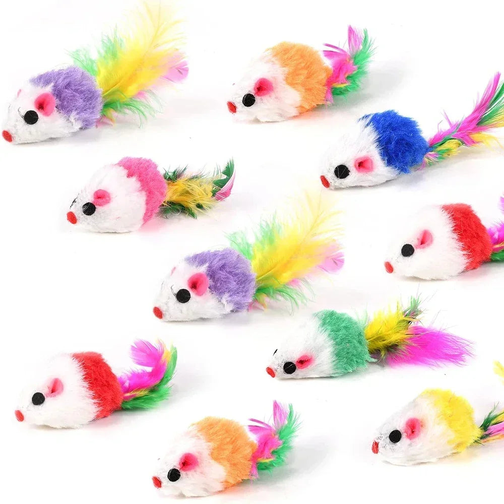 A collection of colorful cat mice toys made of faux fur with rattles.