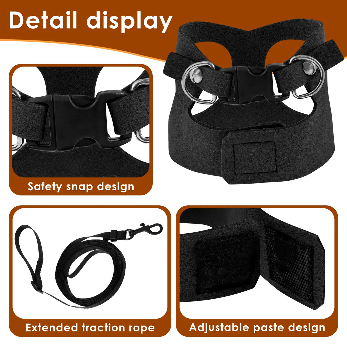 Detail display of a black safety snap design harness and leash set for small pets