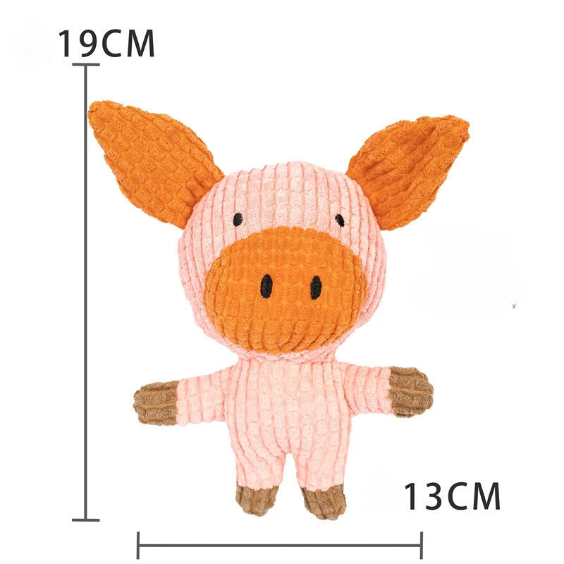 An orange plush toy shaped like a duck dog with pink body and brown ears, measuring 19cm tall.