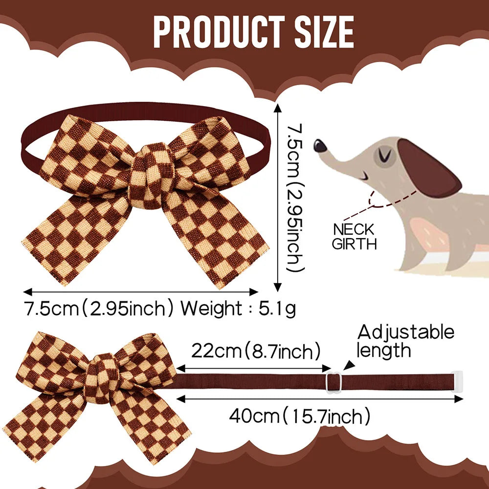 A brown plaid pet bow tie for dogs, shown with measurements and a dog model.