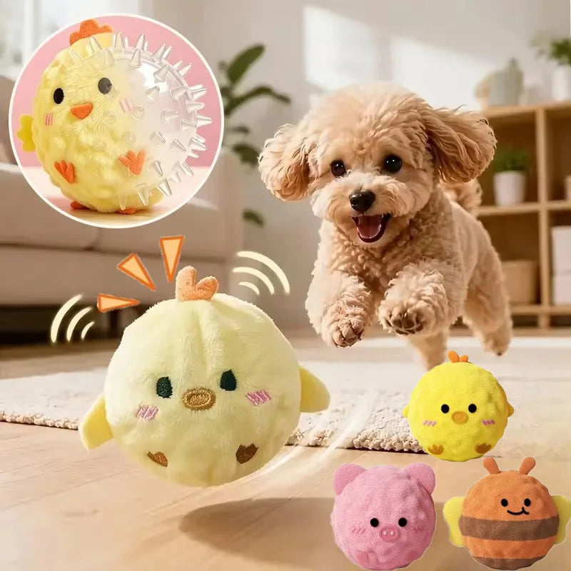 A fluffy golden dog toy featuring a spiky ball design, shown alongside a puppy and other similar toys.