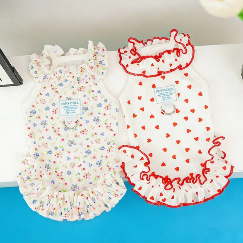 Floral Princess Pet Dress with Heart Print