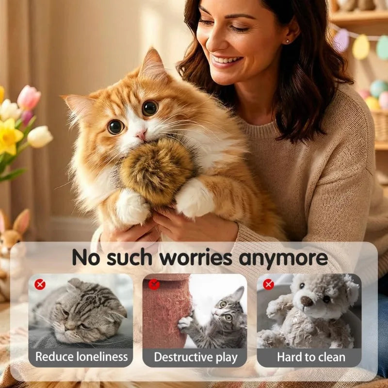 A woman is holding an imitation rabbit fur cat toy ball for interactive play, showing benefits like reducing loneliness and m