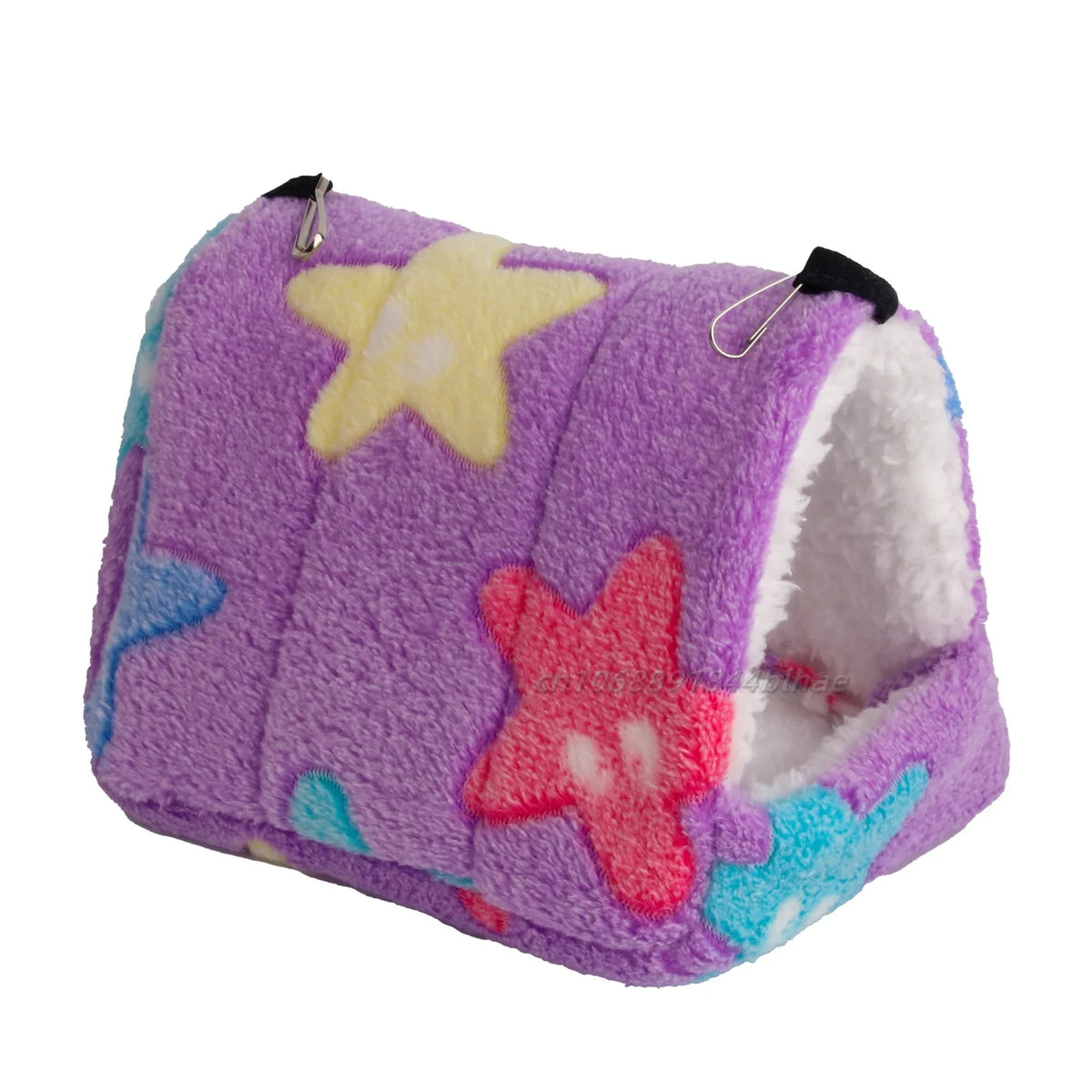 A purple fleece pet nest bed with a white sherpa lining and yellow star accents.