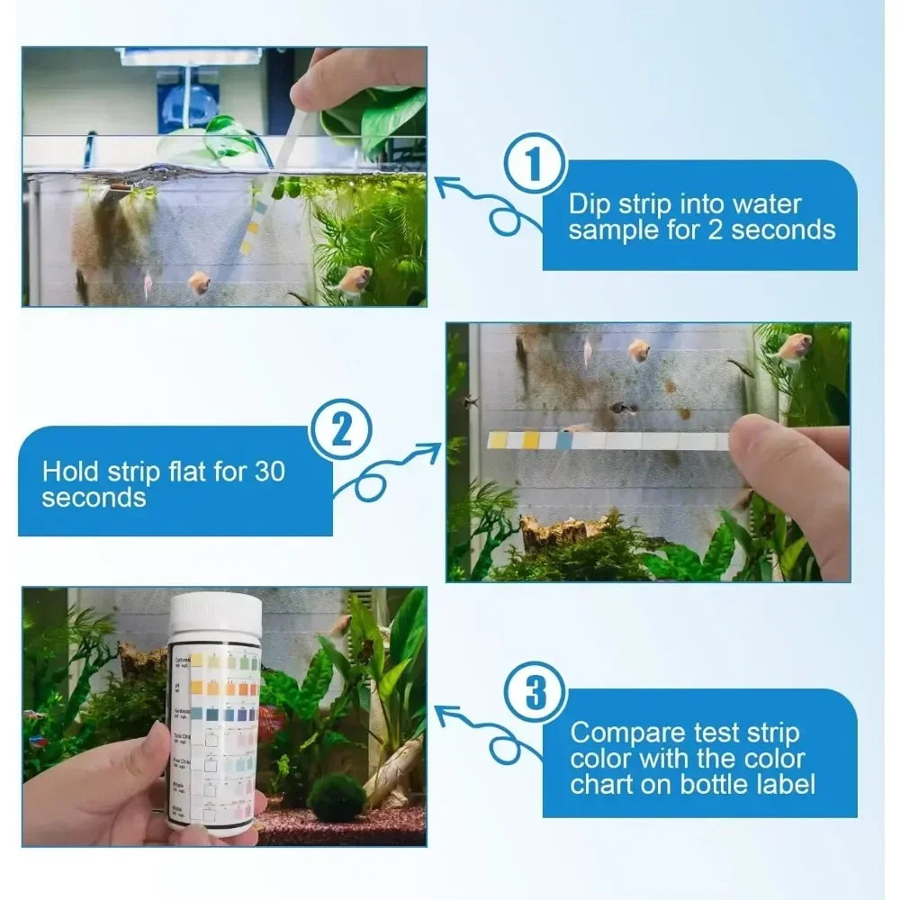 Instructions for using 16-in-1 aquarium water test strips, showing dipping a strip into water and comparing the color to a ch