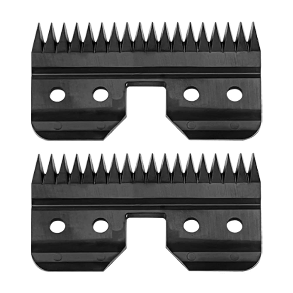 A pair of professional detachable dog clipper blades with serrated teeth and mounting plates.