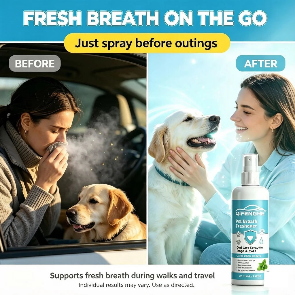 A woman sprays QIFENHE pet breath freshener before outings, with a dog looking at her.