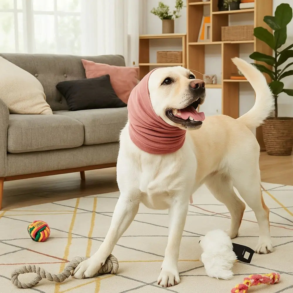 Ein weißer Hund steht auf einem Teppich mit einer rosa beruhigenden Ohrenschutz und einem Seilspielzeug.