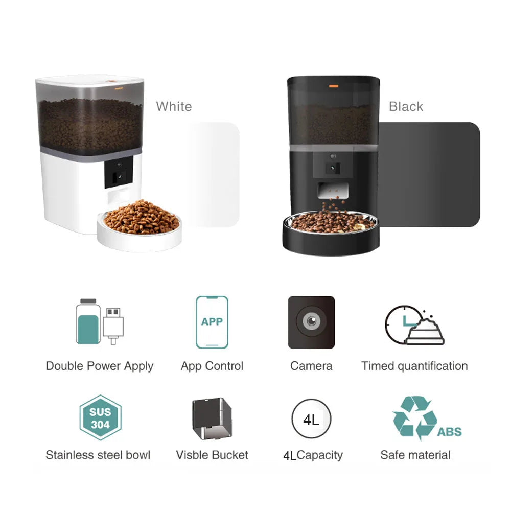 Weißes und schwarzes automatisiertes Tierfutterspender mit Funktionen wie Doppel-Strom, App-Steuerung, Kamera und zeitgesteue