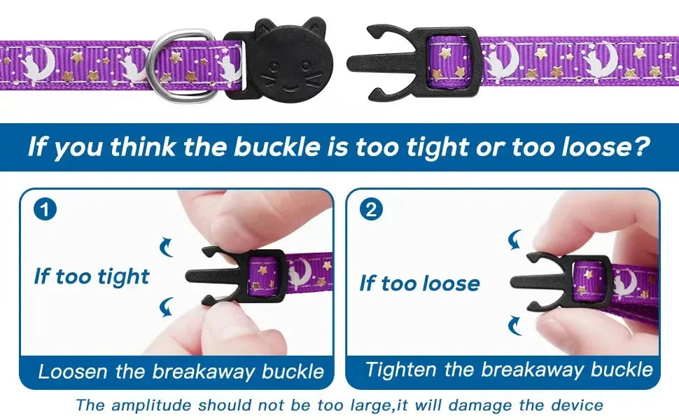 A glow-in-the-dark breakaway cat collar with a purple and gold pattern, featuring a moon pendant and a buckle.