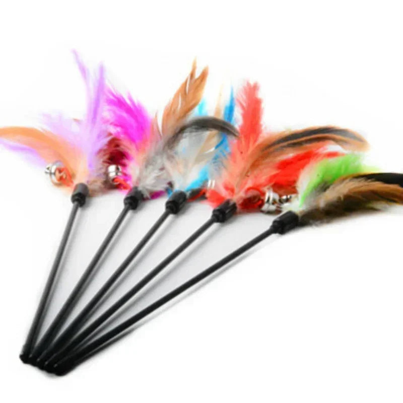 Interactive feather wand cat toy featuring colorful feathers and a bell.