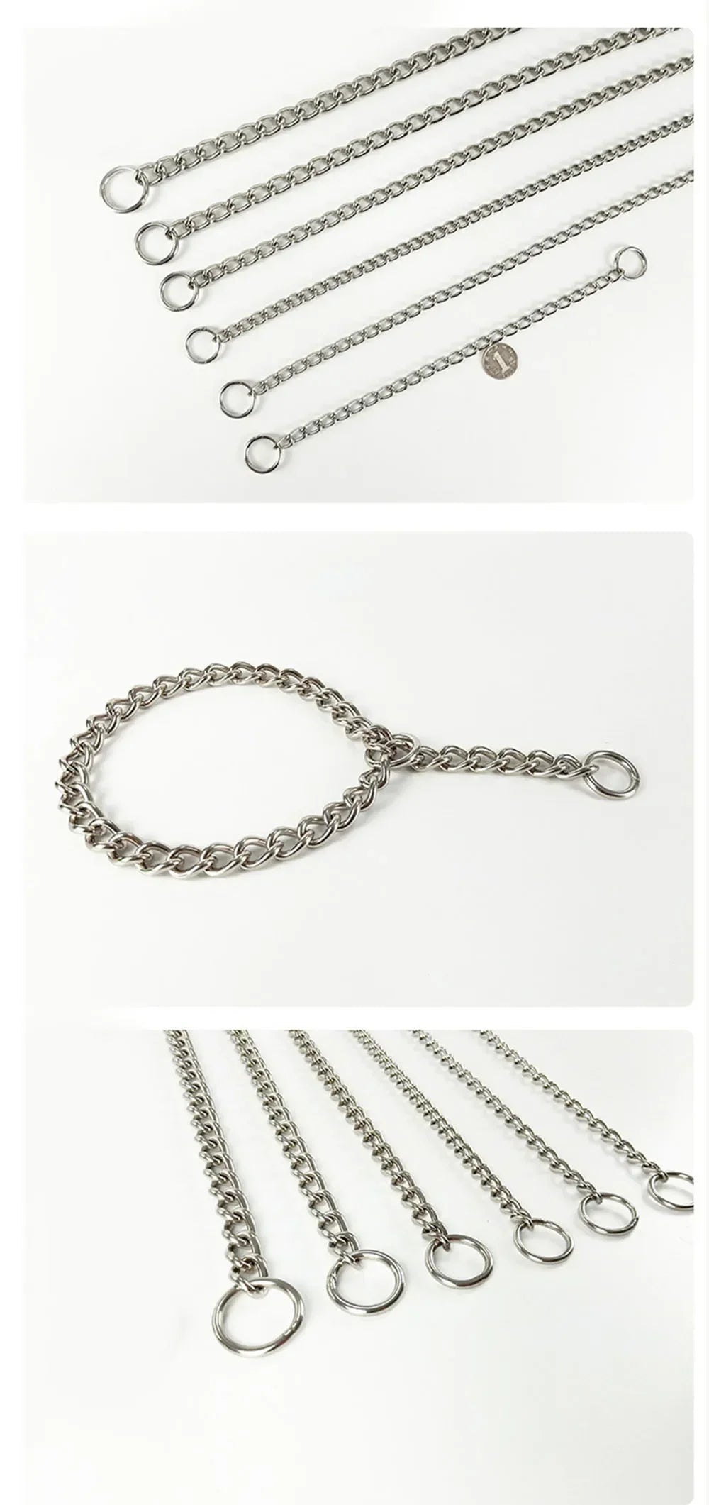 Stainless steel slip chain dog collar displayed in multiple lengths and a circular chain.