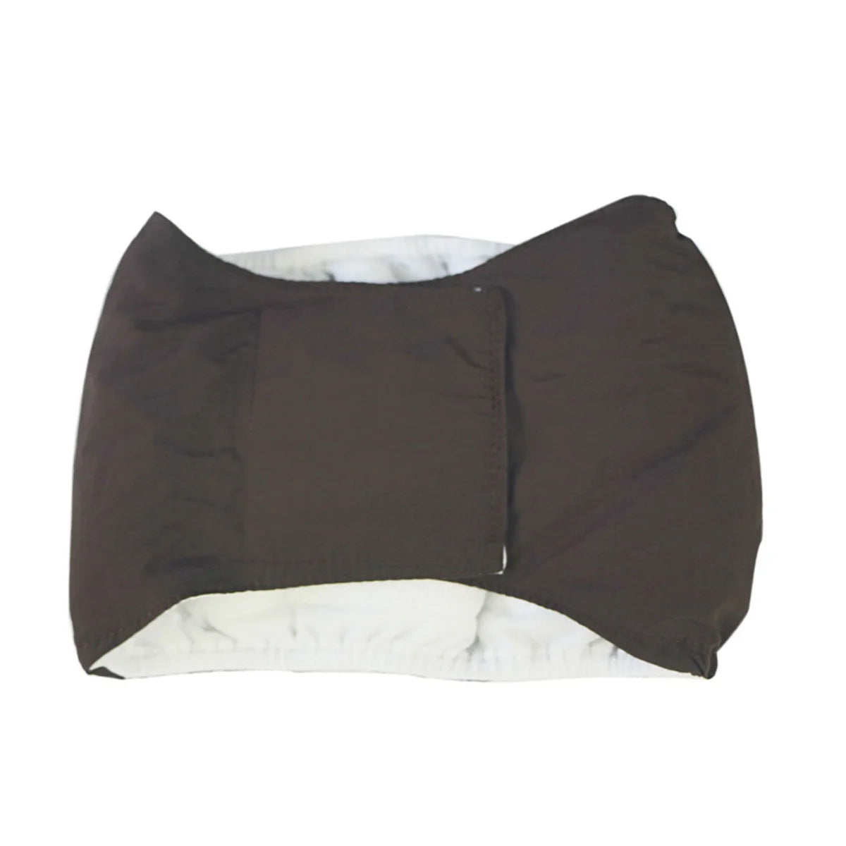 A dark brown reusable cotton dog belly band with a white lining.