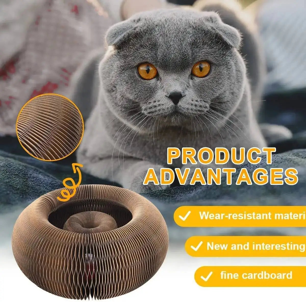 A gray cat is looking at a round, corrugated cardboard scratching toy with a sisal surface.