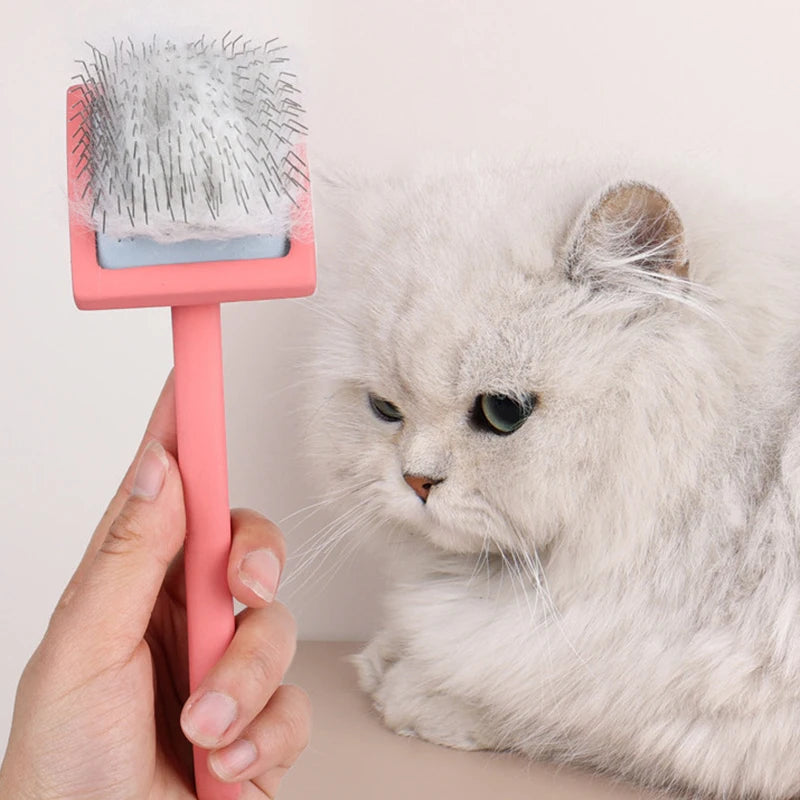 A hand holds a pink grooming rake with stainless steel teeth next to a fluffy white cat.