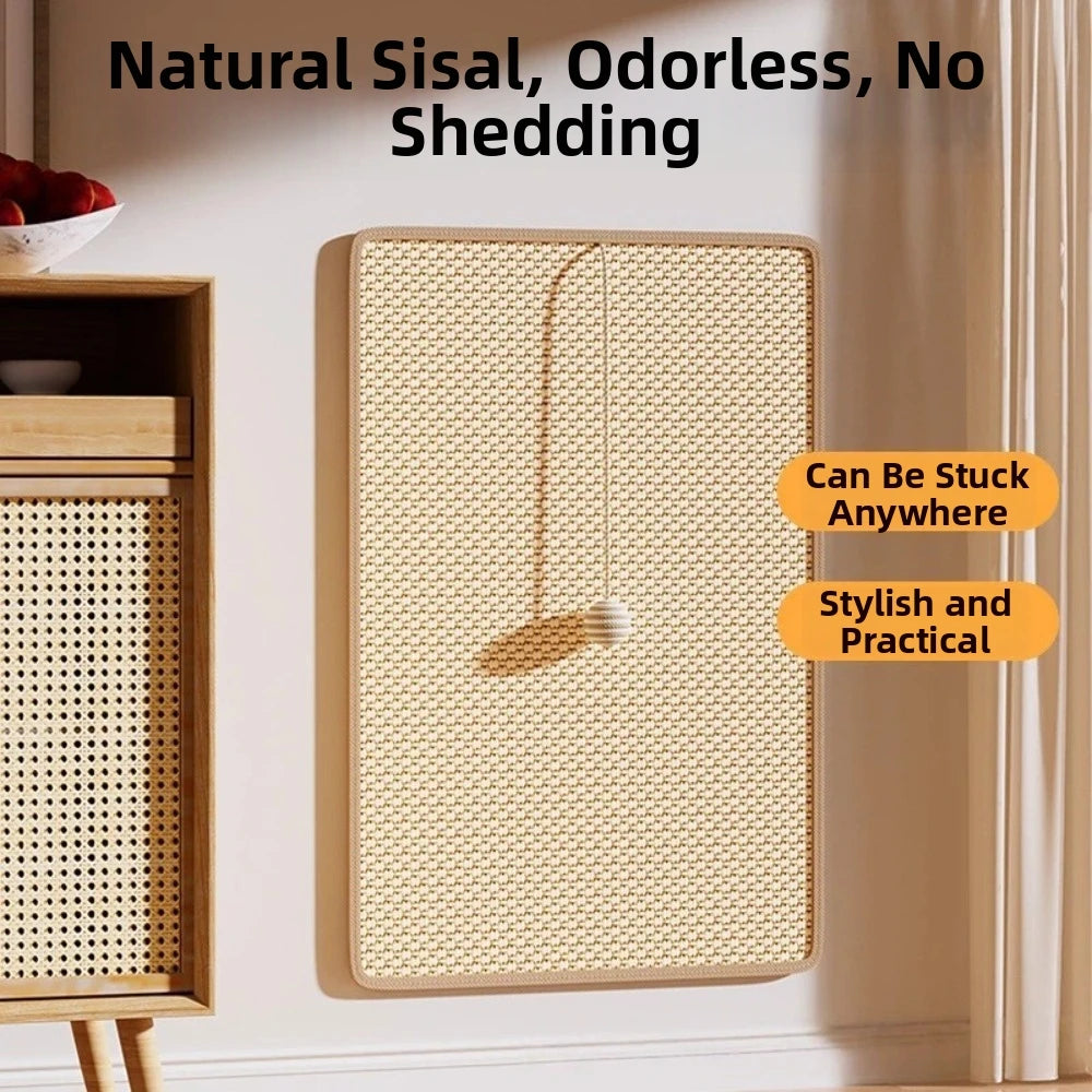 A natural sisal cat scratching board with a play ball hanging on a light-colored wall.