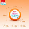 Orange ZURU My Mini Baby collectible doll shown with dimensions and packaging details.