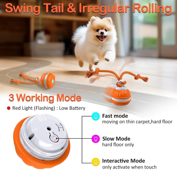 Orange interactive pet ball for dogs with three working modes including red light flashing, slow mode, and interactive touch 