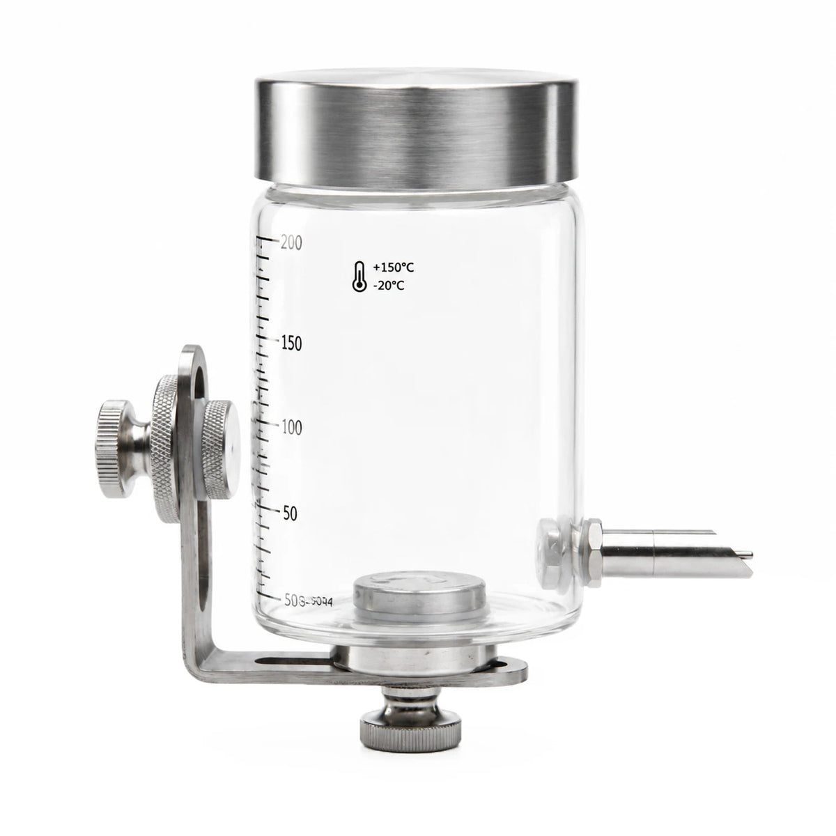 A clear glass and stainless steel bird water dispenser with a lid and a threaded nozzle.